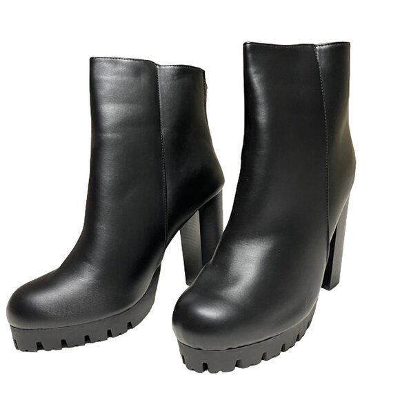 Wild Diva Women's Chunky High Heel Back Zip Lug Sole Mid-Calf Platform Boots - Picture 2 of 7